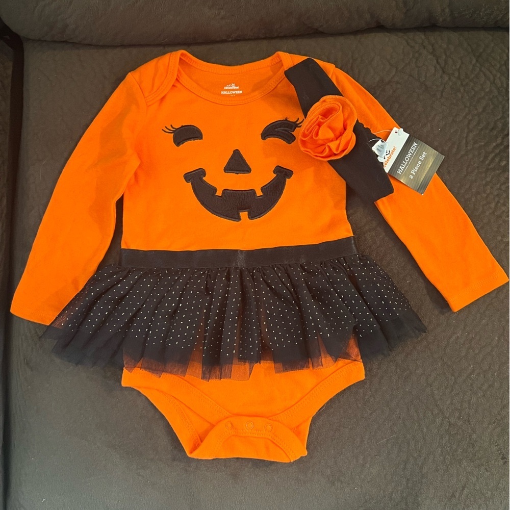 NWT 🎃 Orange and Black Halloween Pumpkin Costume with Headband - Baby 18 Months